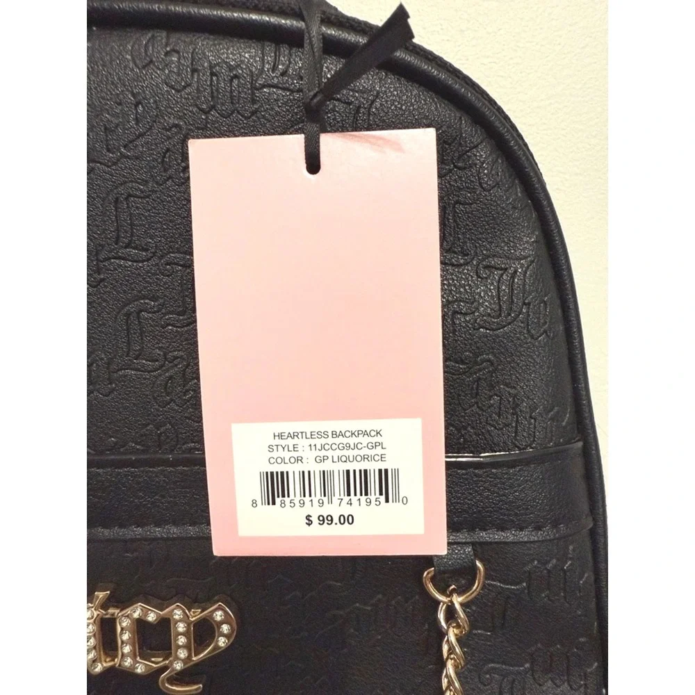 Juicy Couture Black Embossed Mini Backpack with HeartCharm Whimsigoth Chic Sleek
